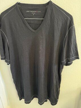 John Varvatos V-Neck Black Cotton T-Shirt with White Stitching; Size M